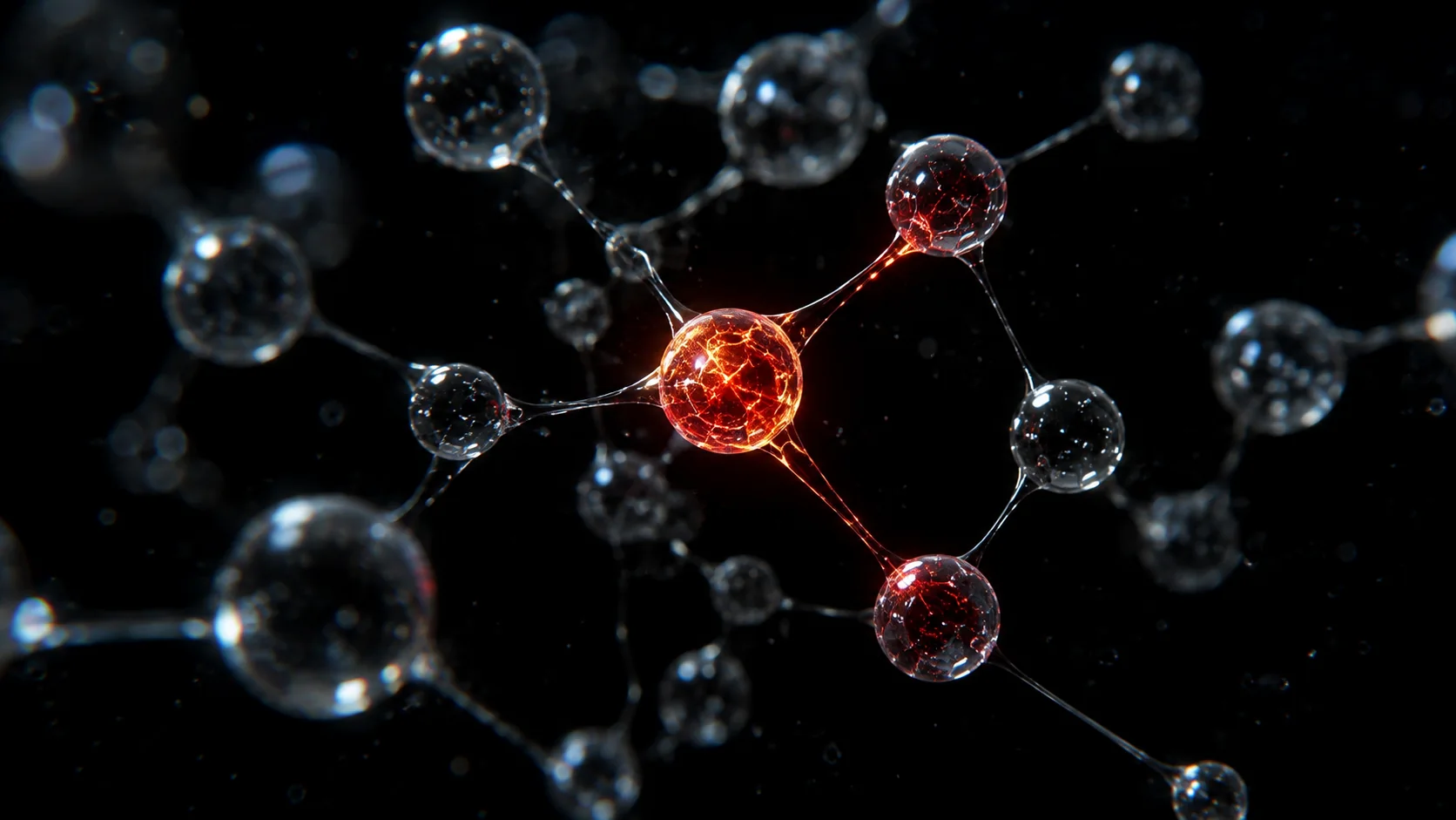 A lattice of glass nodes; one glows red and threads into its neighbours